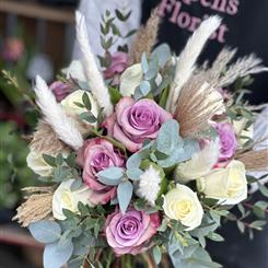Lilac rose and white rose with pampers grass bouquet 