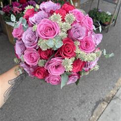 Cerise, lilac, and pink rose bridal posy 