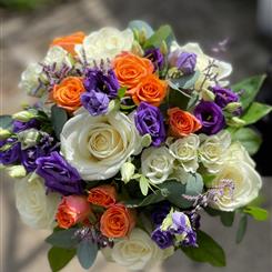 Purple white and orange bridal posy 